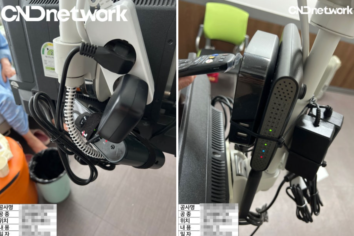 병실 침대 옆 거치형 모니터에 연결된 통신 장비와 배선 근접 사진, 원주 병원 TV 통신사 변경 시공