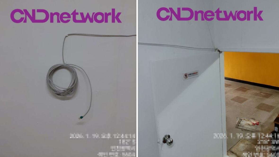 벽면에 포설한 랜선 케이블과 매장 출입문 앞 배선 경로 사진, 부평 랜선 회선추가 시공