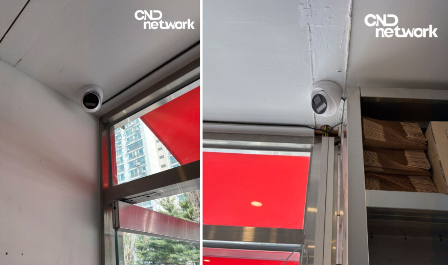 (좌) 카페 출입구 상단 천장 모서리 CCTV 설치 완료 모습 (우) 창고 진열대 옆 CCTV 근접 설치 사진 - 분당CCTV 사각지대 보완 시공
