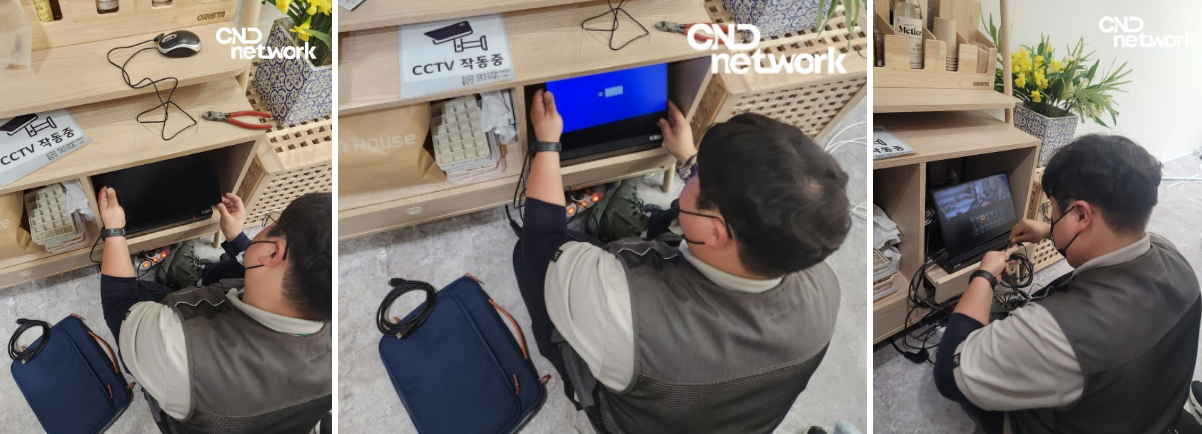 씨앤디 CCTV 설치 기사가 인천 주안 매장 내 녹화기(DVR) 설치 및 배선 작업 중인 모습