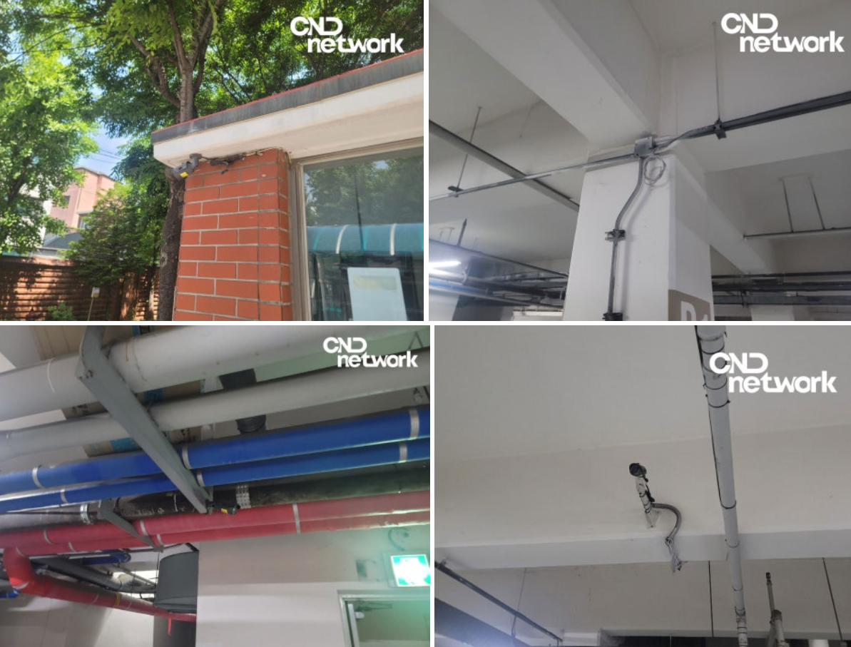 (시계방향) 건물 처마 카메라 설치 위치, 배관 옆 배선 정리, 컬러 배관 사이 케이블 경로, 천장 부착형 카메라 마감 상태 4컷 모음