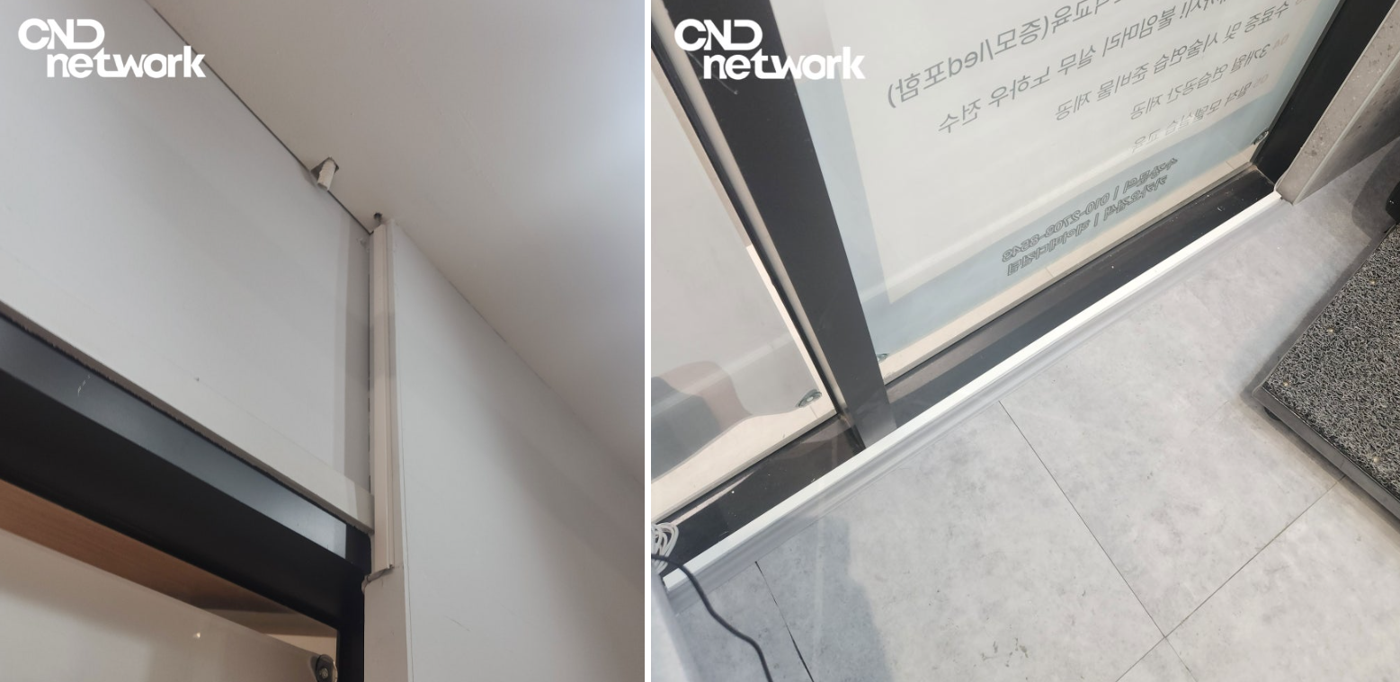 천장·바닥 CCTV 배선 몰딩 마감 디테일 컷(좌: 천장 모서리, 우: 출입문 하단)