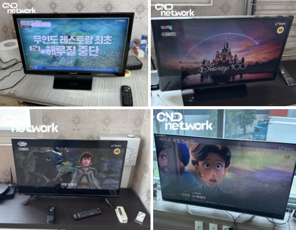 기숙사 각 방 LG U+ IPTV 화면 예시, 뉴스·디즈니 콘텐츠·애니메이션 정상 송출 확인