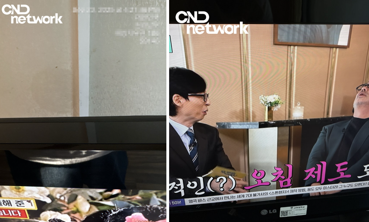(좌: 벽지 얼룩 / 우: TV 화면 예능 프로그램)** 수련관TV설치 전 벽면 상태 점검 사진과 단체형IPTV 화면 송출 테스트 장면`