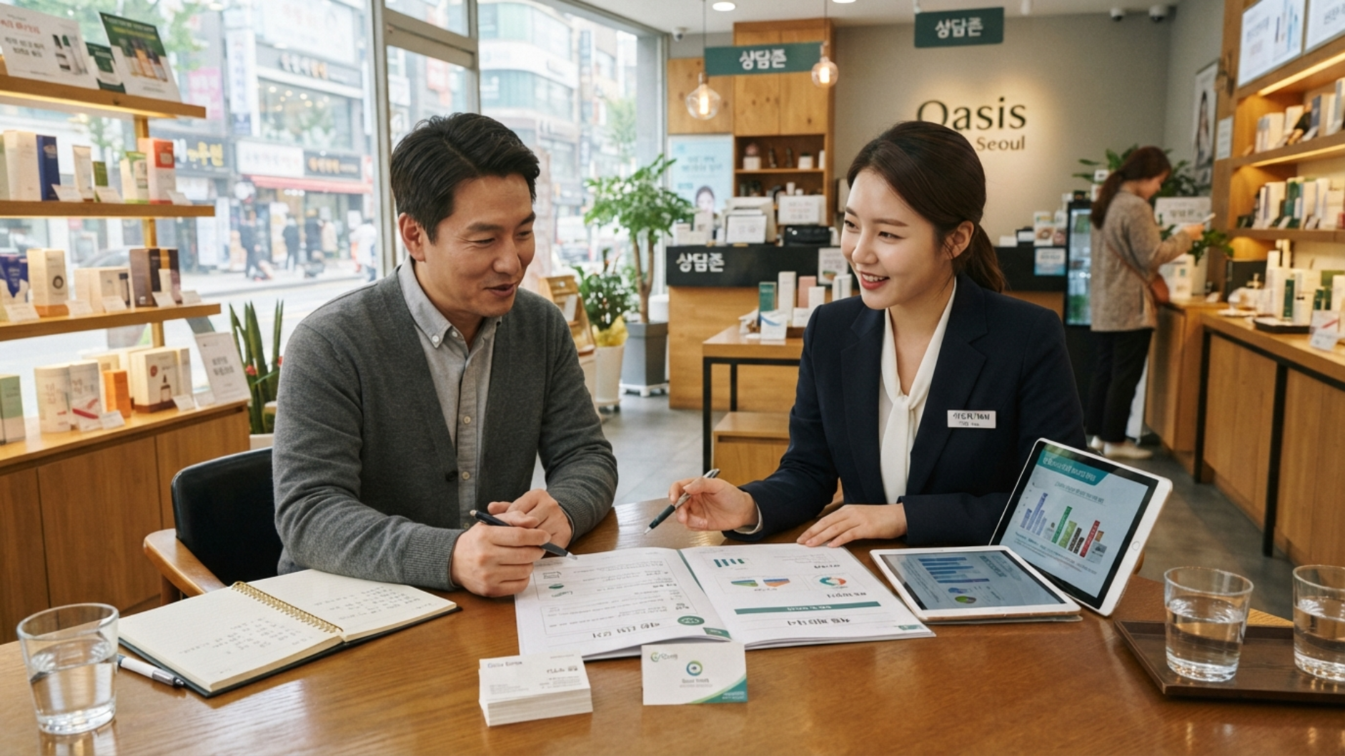 사무실 인터넷 요금제 상담을 받는 사장님과 통신 담당자, 견적 상담 모습