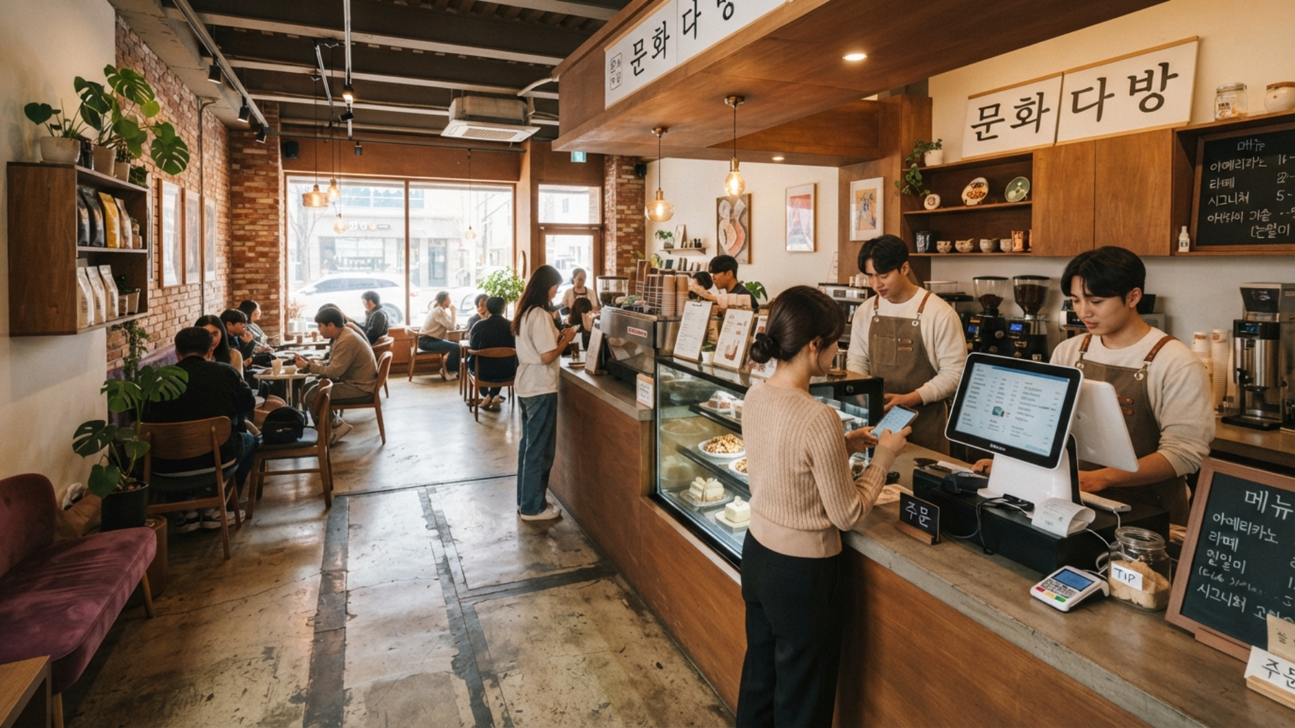 계산대와 포스가 있는 한국 카페 카운터, CCTV로 담는 결제 동선