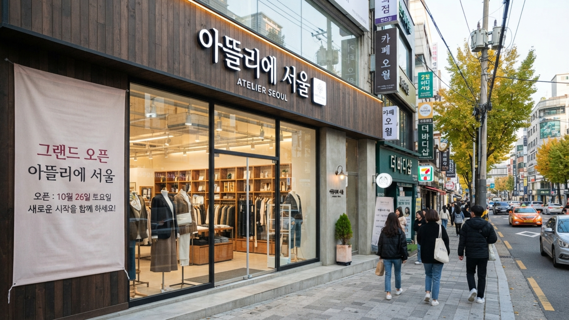 신규 오픈한 매장 외관과 그랜드 오픈 현수막, 창업 준비 완료된 상가 모습