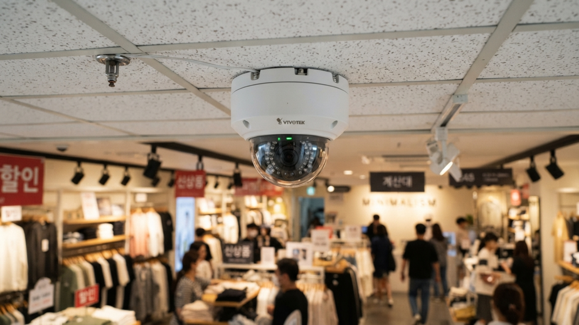한국 소상공인 매장 천장에 설치된 돔형 CCTV 카메라