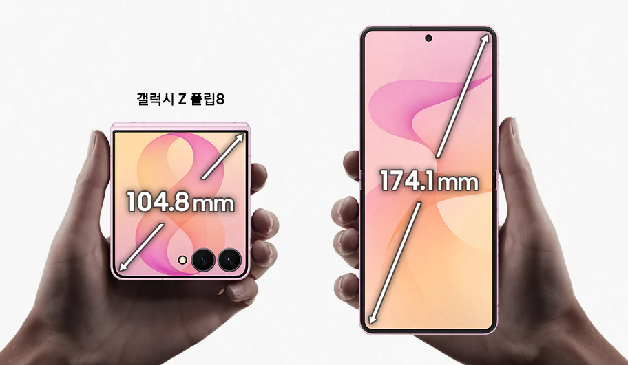 갤럭시Z플립8 접힌상태 104.8mm 펼친상태 174.1mm 화면 크기