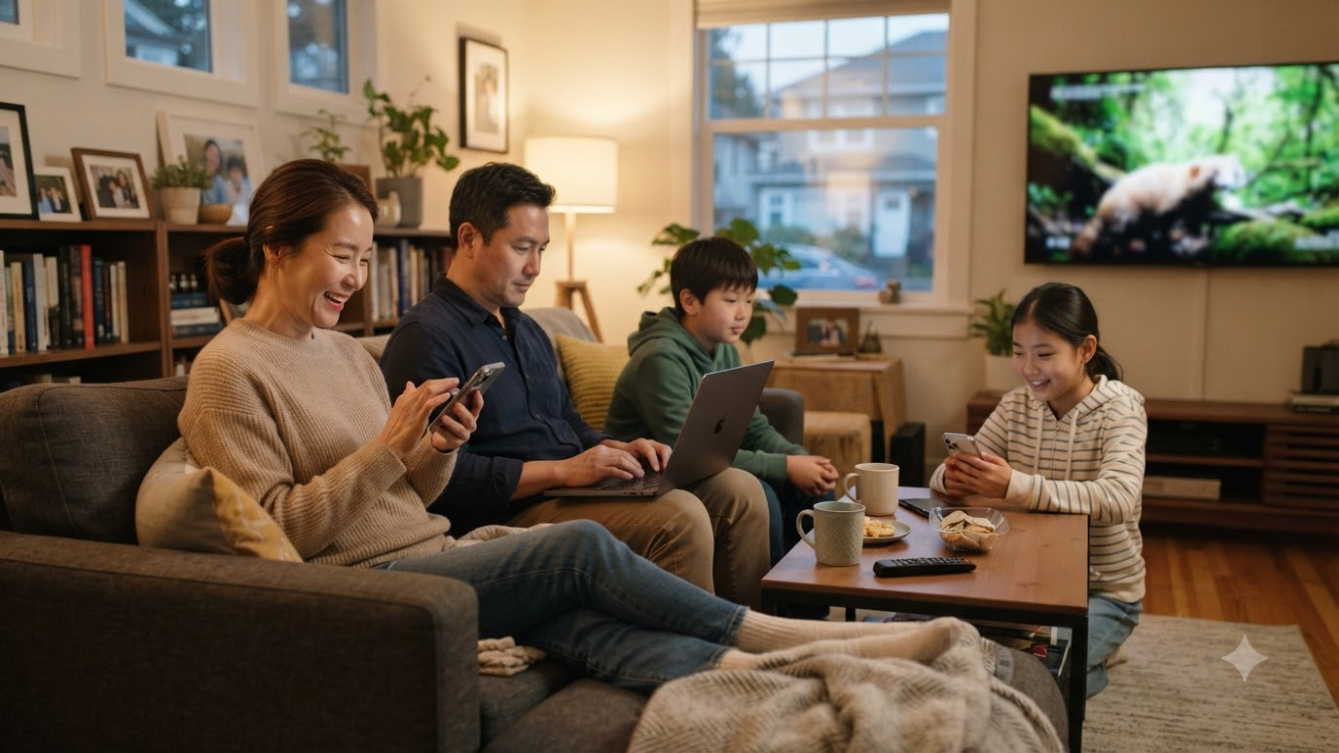 가족 여러 기기 동시 사용 모습 - 인터넷 결합 상품 필요성