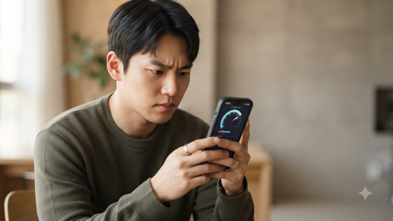 인터넷 속도 저하로 속도 측정 앱 확인하는 모습 - 재약정 전 점검