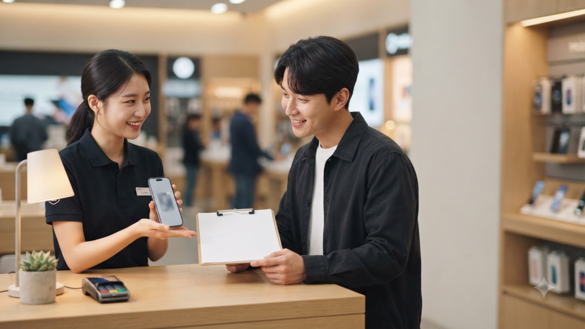 휴대폰 개통 상담 중 지원금 안내 - 직원과 고객 가격 설명
