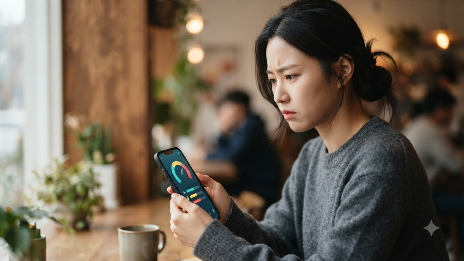 통신사 요금 명세서 확인 후 당황하는 모습 - 예상보다 높은 요금