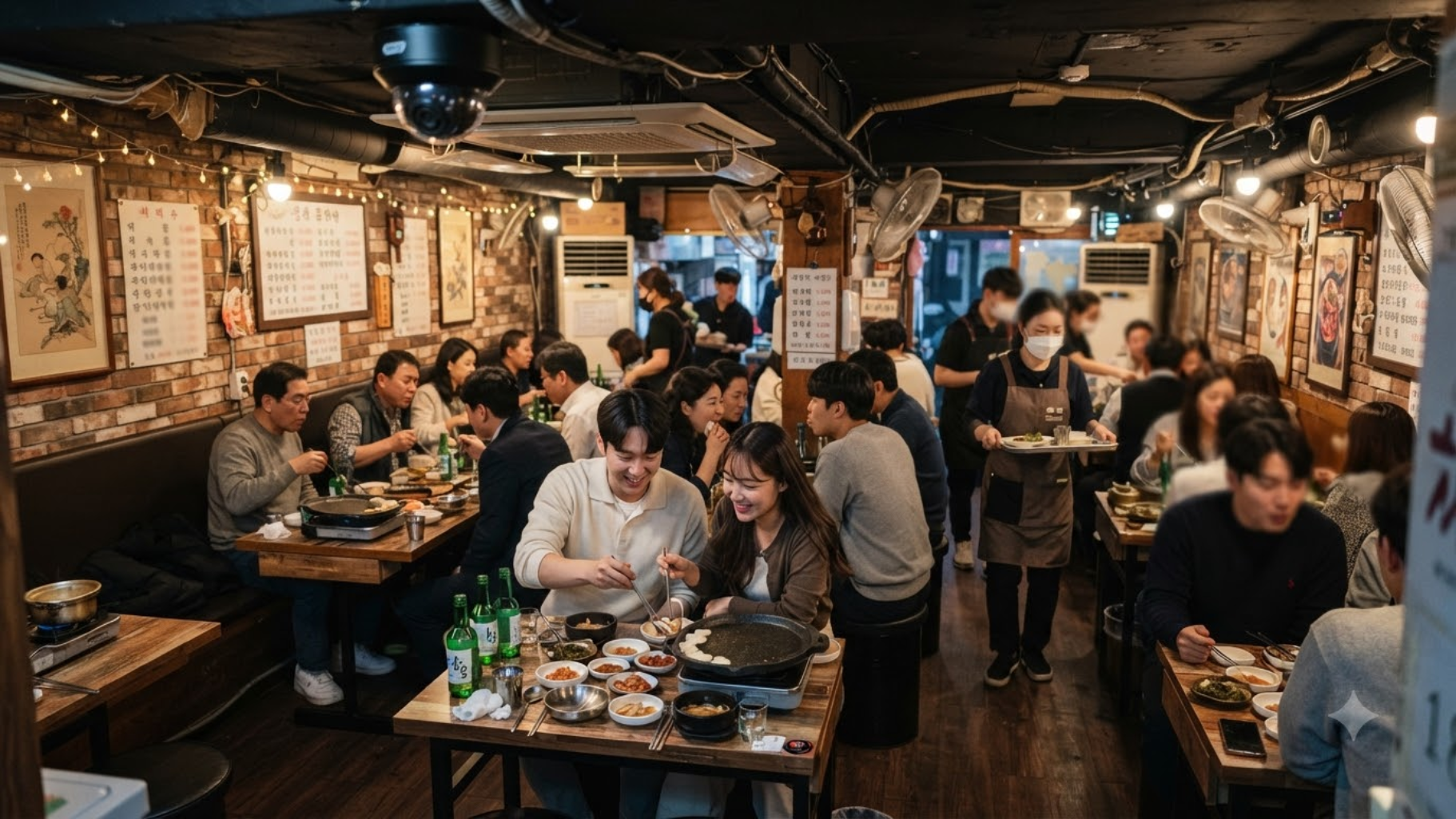 좁은 식당 매장 천장에 설치된 CCTV 카메라와 손님들이 식사하는 내부 전경
