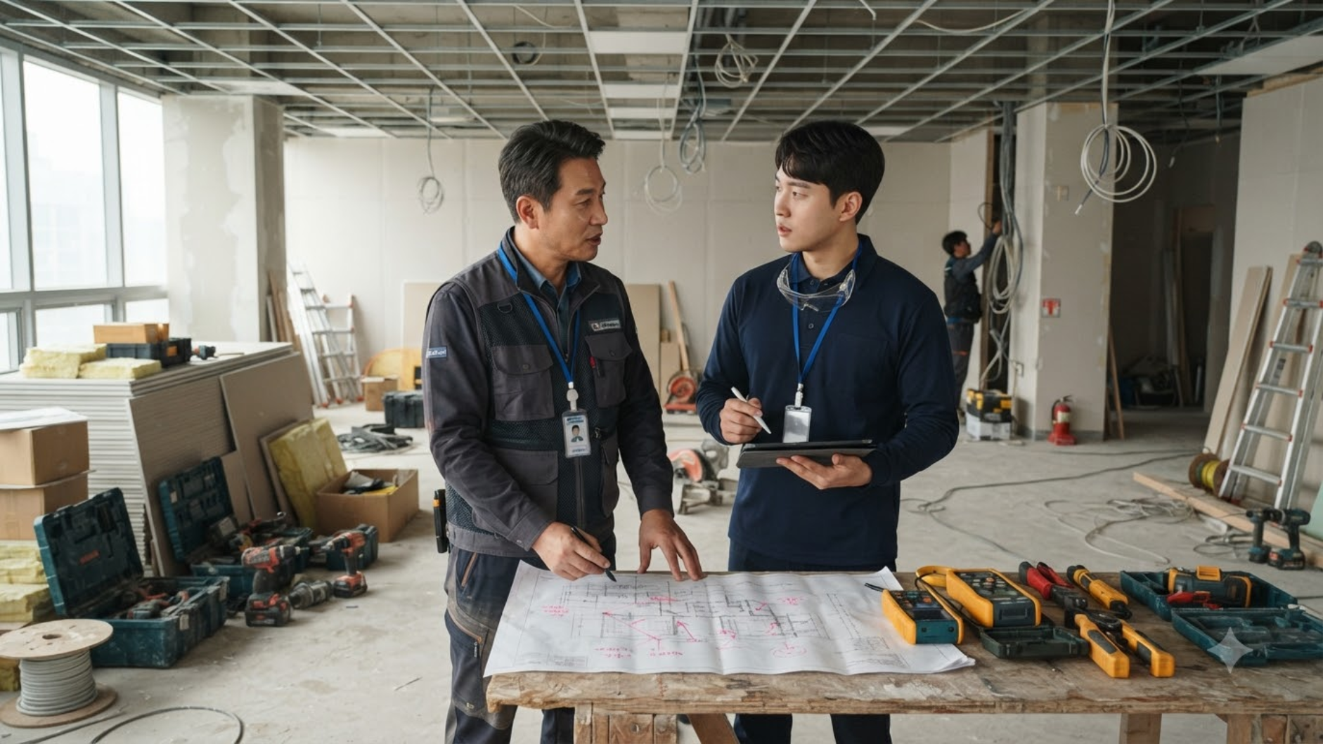 신규 창업 사무실 인터넷 설치 현장에서 도면을 보며 배선 위치를 협의하는 담당자들