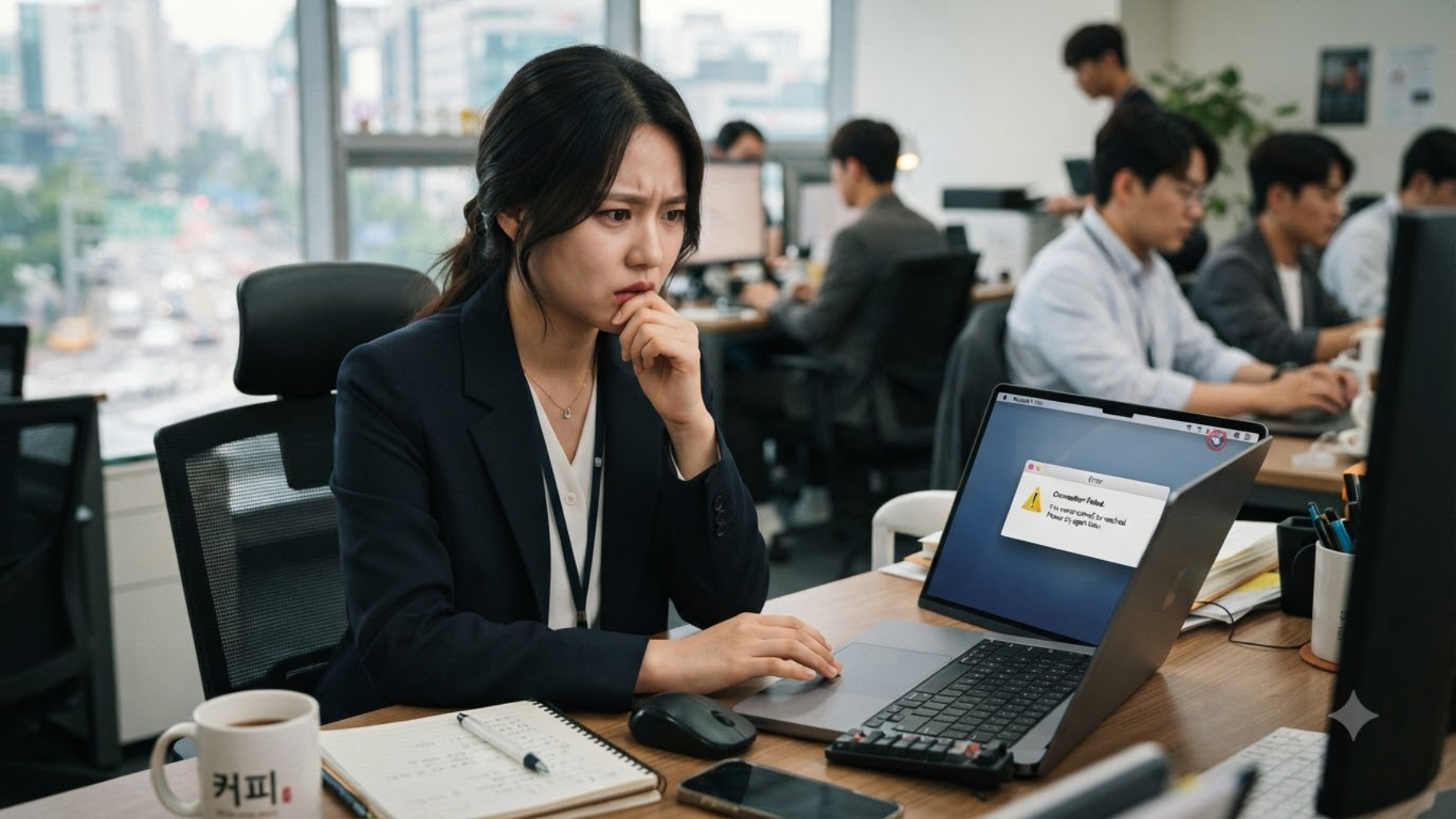 인터넷 연결 오류 메시지를 확인하고 당황하는 직장인