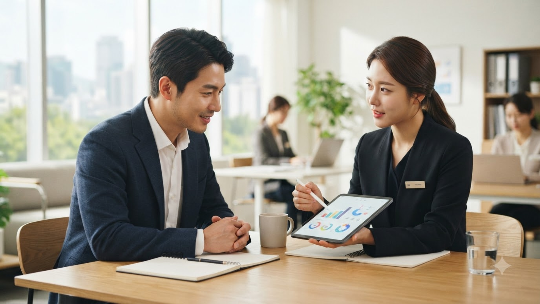 신규 창업 사무실 인터넷 설치 상담, 태블릿으로 요금제와 견적을 안내받는 고객
