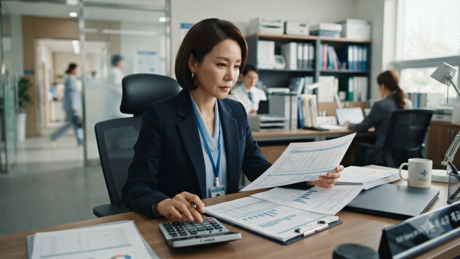 병원 사무실에서 서류와 계산기로 비용을 검토하는 담당자