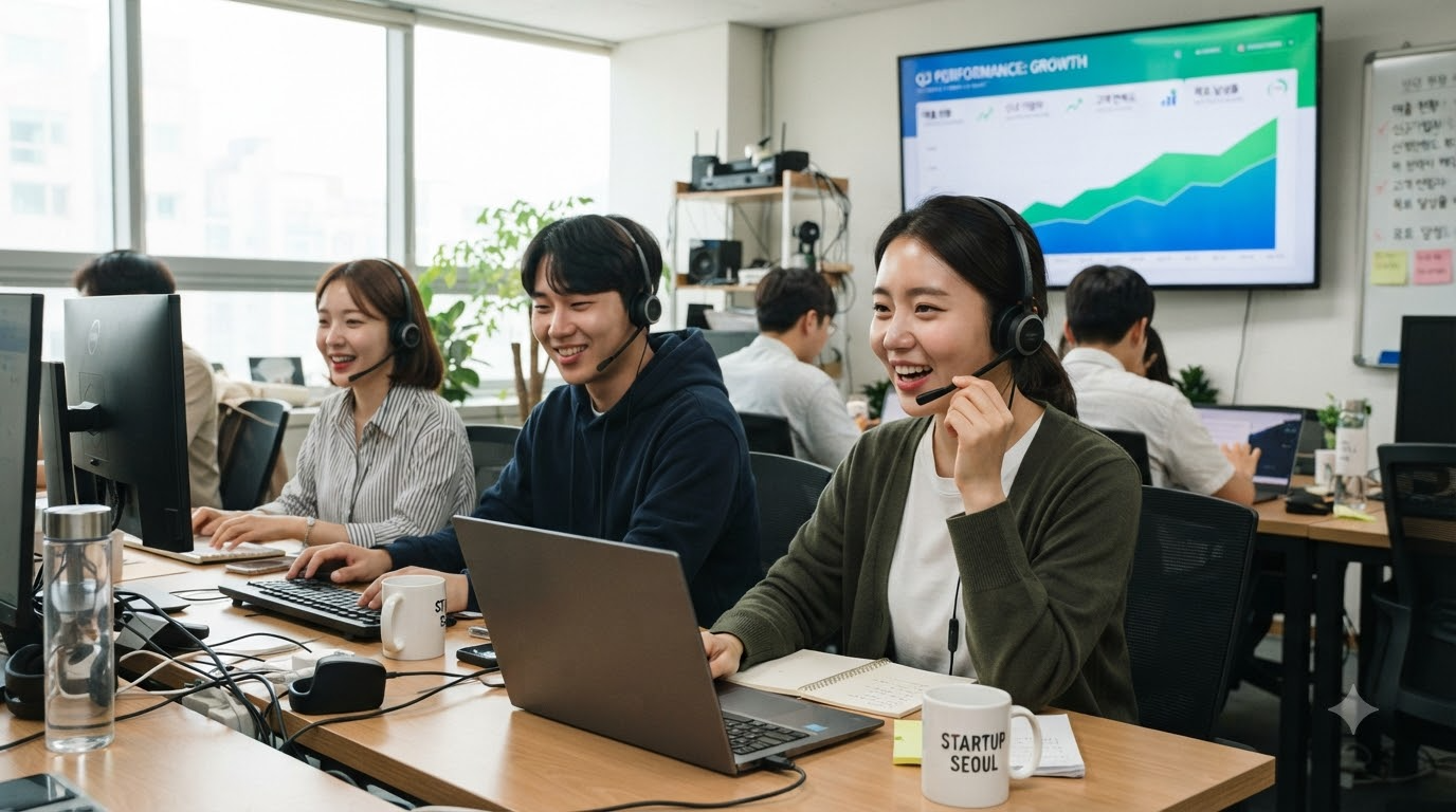 콜센터 상담사들이 헤드셋을 착용하고 고객 응대하는 모습, 뒤로 매출 성과 그래프 표시