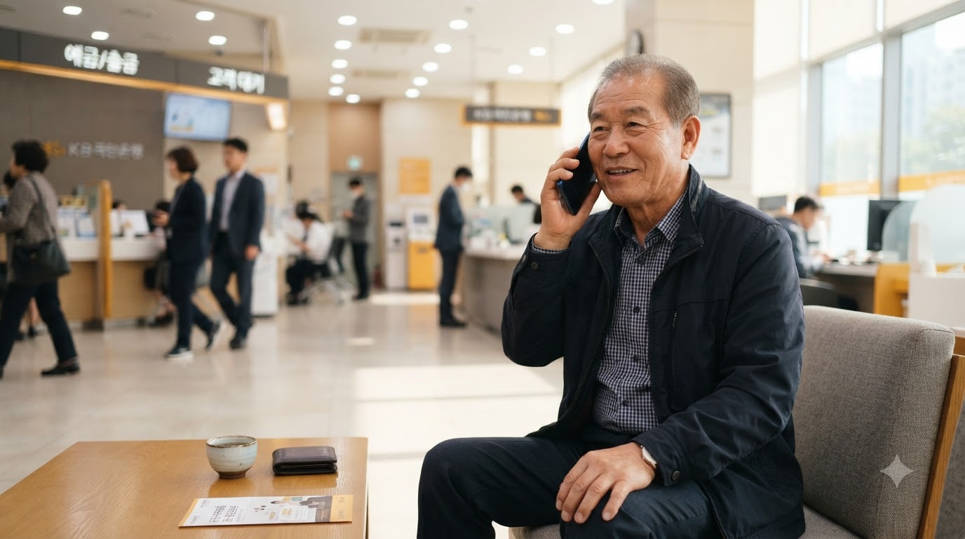 은행 로비에서 전화 통화 중인 어르신 고객, AI콜봇 음성 상담을 이용하는 모습