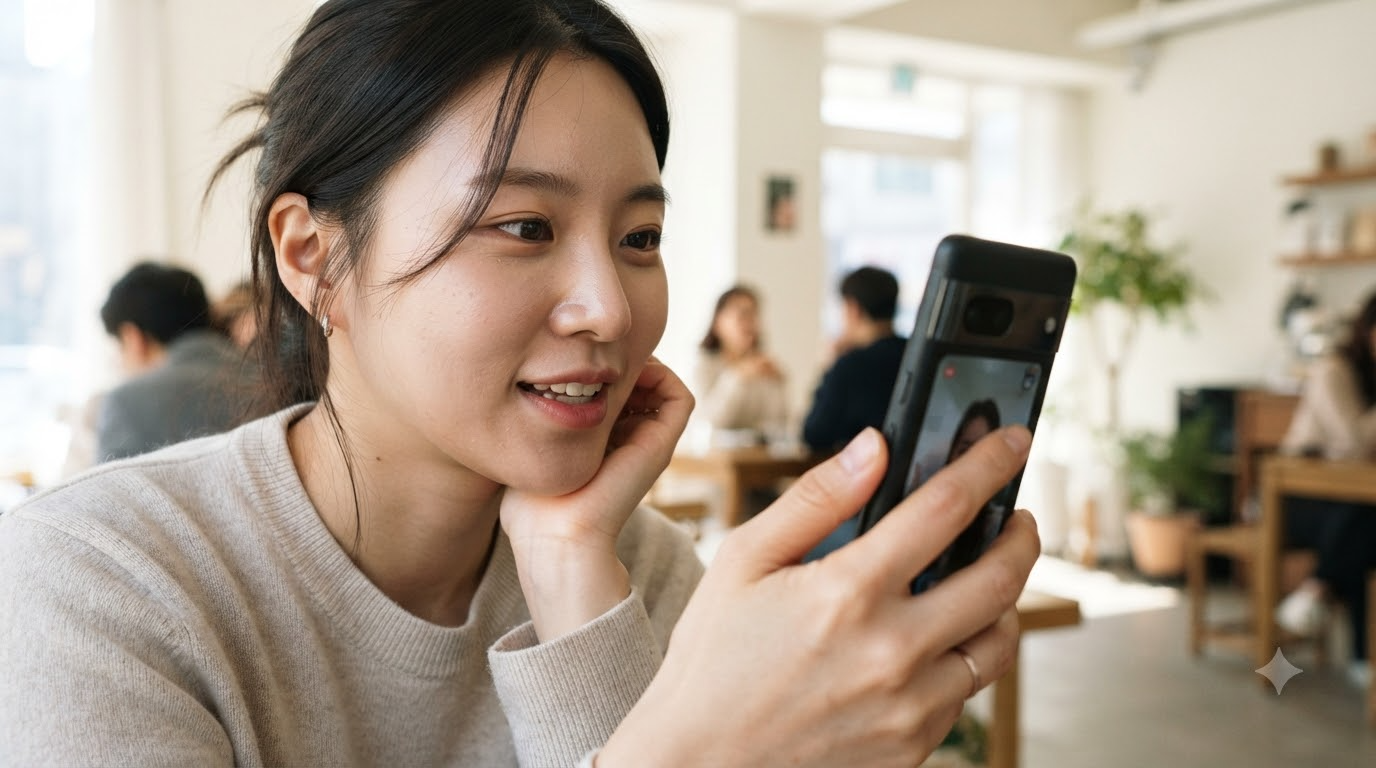 카페에서 스마트폰으로 영상통화를 하며 상담받는 고객 이미지