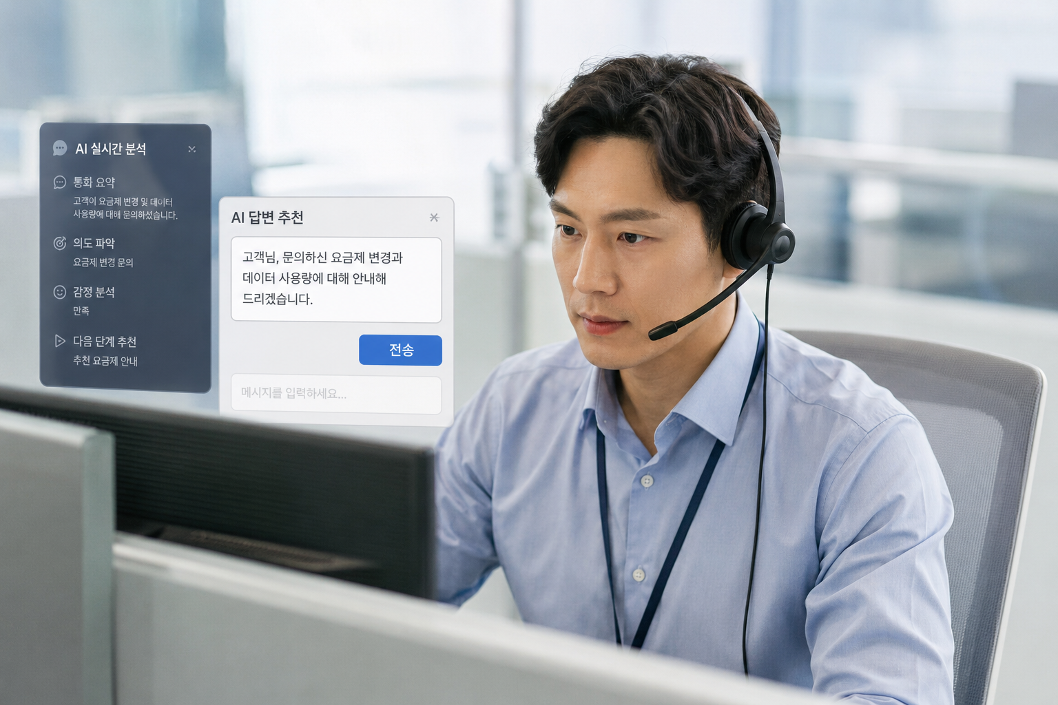 콜센터 상담원이 AI 실시간 분석과 AI 답변 추천을 활용해 고객 문의에 응대하는 모습