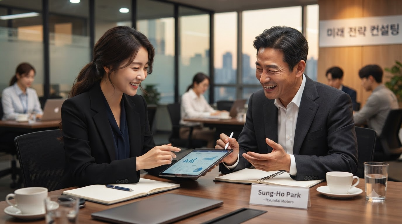 현대자동차 담당자와 AICC 클라우드 도입 전략을 컨설팅하는 미팅 장면