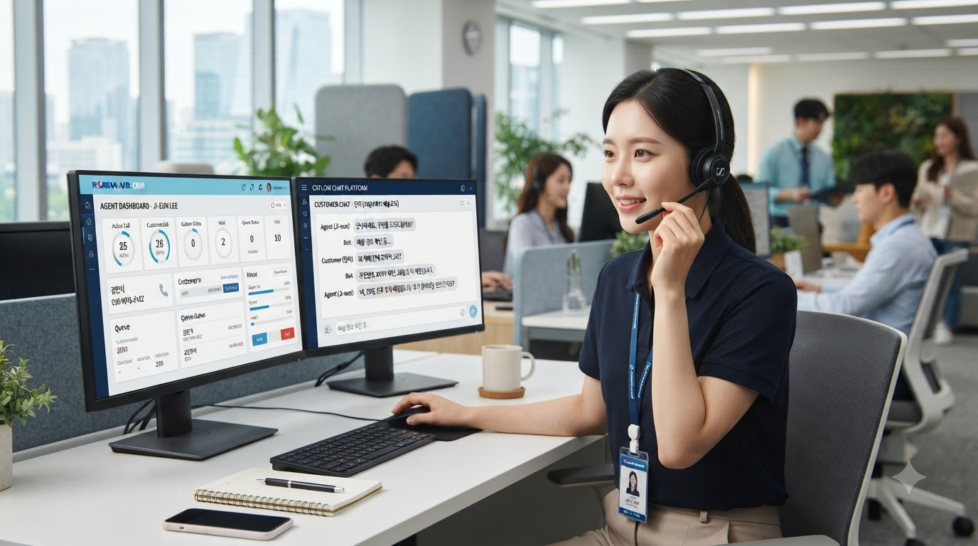 상담원이 AI 상담어드바이저 대시보드와 고객 채팅 내역을 확인하며 응대하는 모습