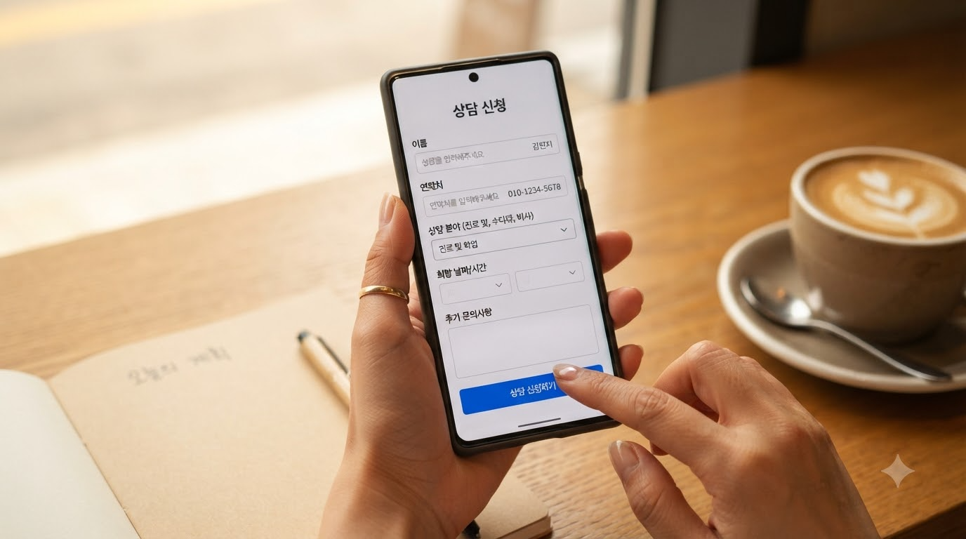 모바일 상담 신청 화면, 이름과 연락처, 상담 분야를 입력해 AICC 클라우드 상담을 신청하는 모습