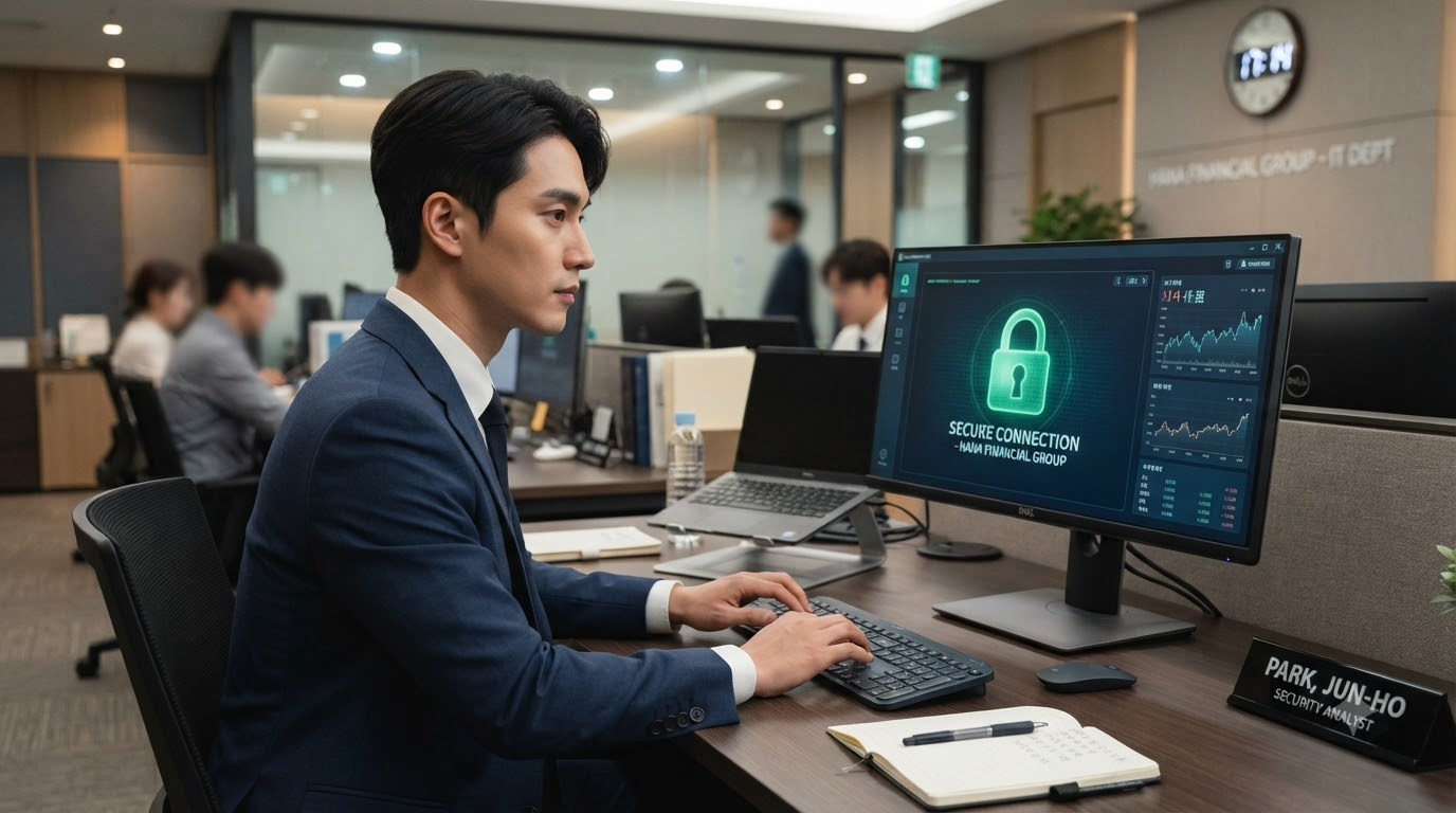 하나금융그룹 보안 담당자가 시큐어 커넥션 화면으로 금융 데이터 보안을 점검하는 모습