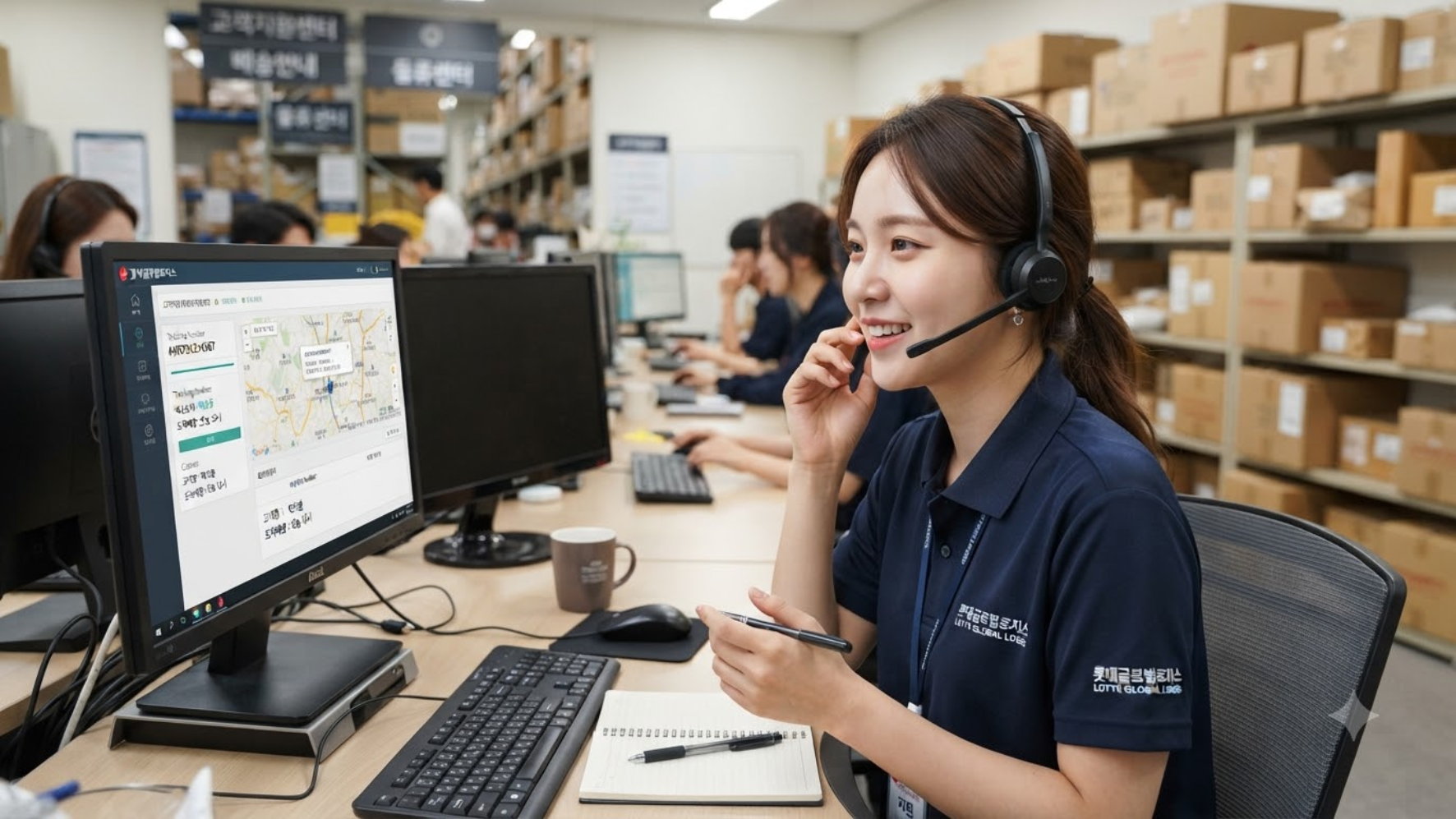 롯데글로벌로지스 물류센터 상담원이 배송 조회 화면을 보며 고객 문의에 응대하는 모습