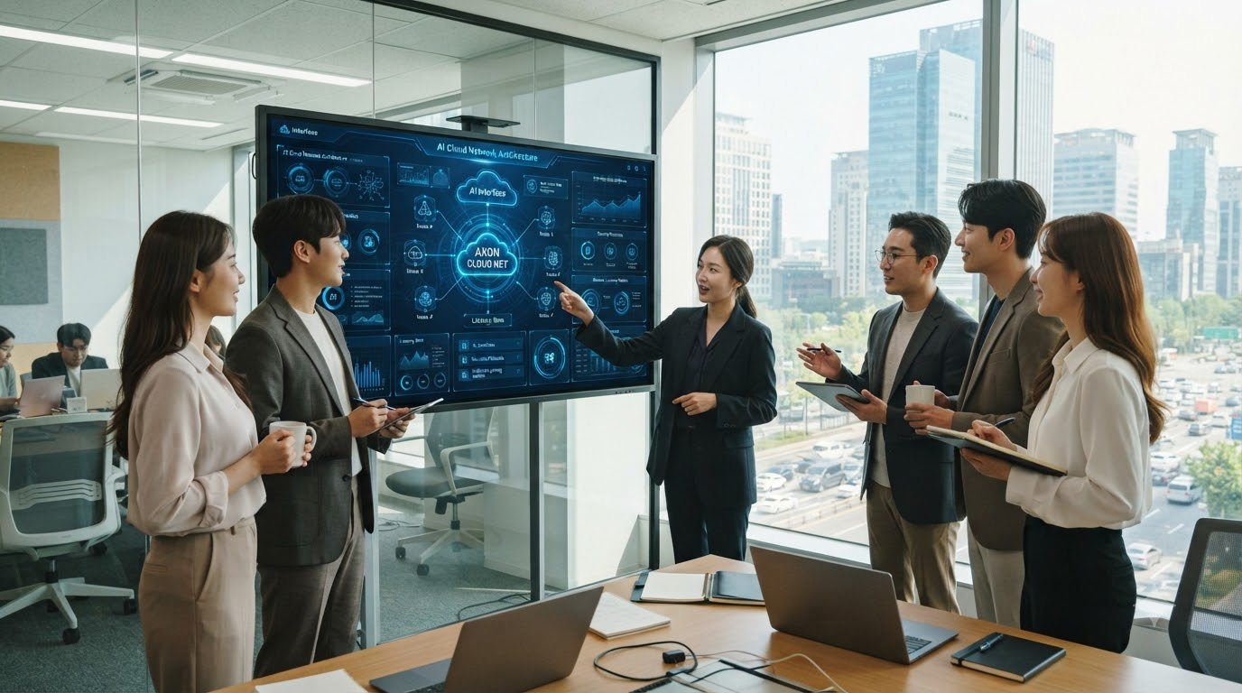 AI 클라우드 네트워크 아키텍처(AXON Cloud Net) 구조를 설명하는 팀 미팅 장면