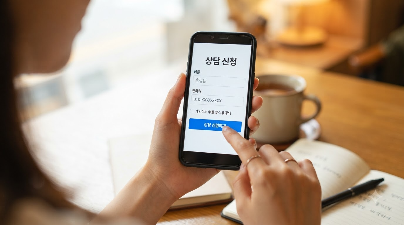 모바일 상담 신청 화면, 이름과 연락처를 입력해 AICC 클라우드 상담을 신청하는 모습