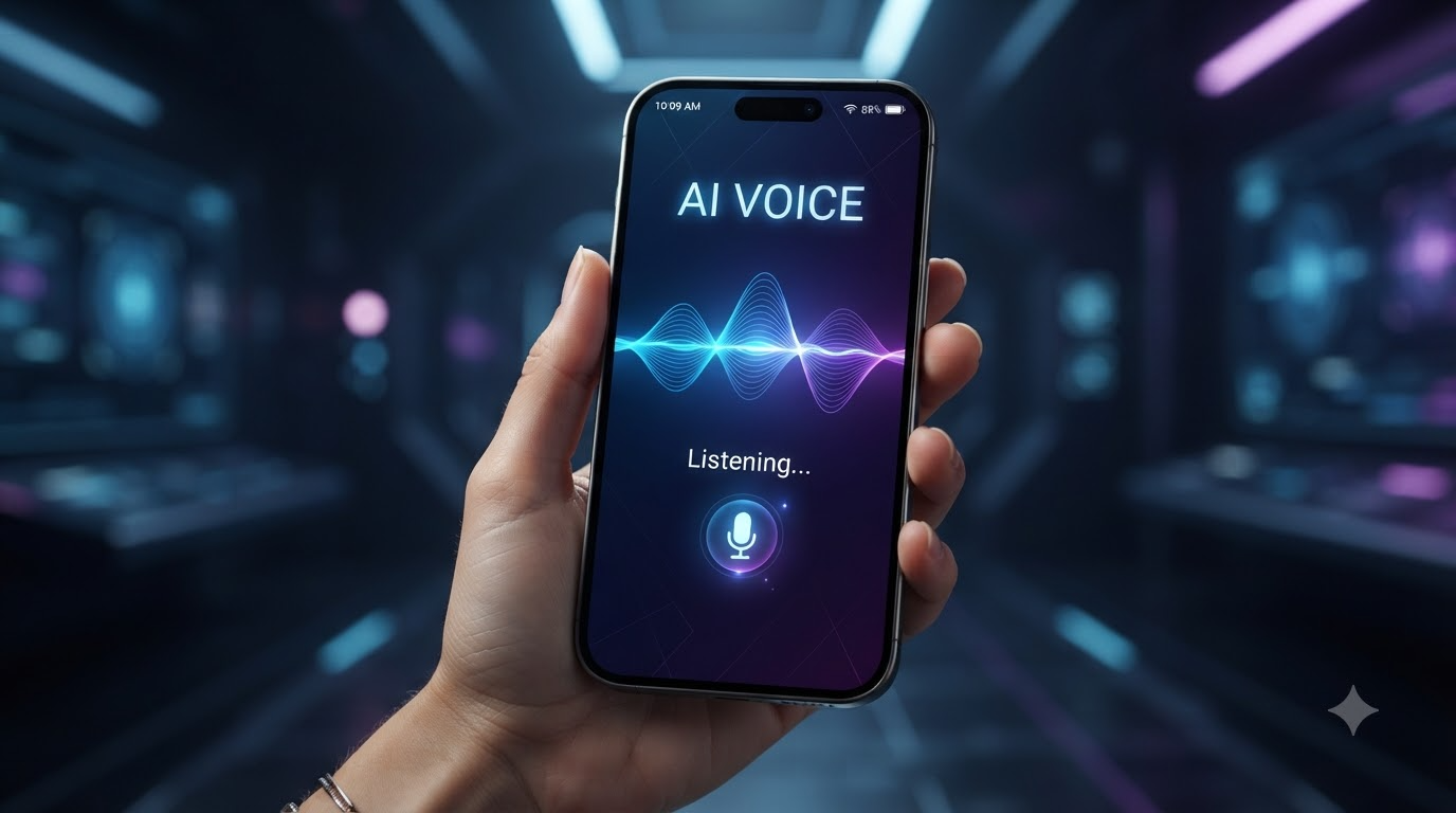 스마트폰으로 AI콜봇 음성 상담을 이용하는 모습, AI VOICE 리스닝 화면