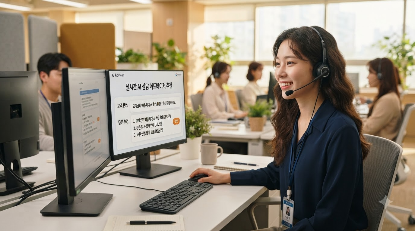 AI 상담어드바이저 실시간 답변 추천 화면을 보며 응대하는 상담원 모습