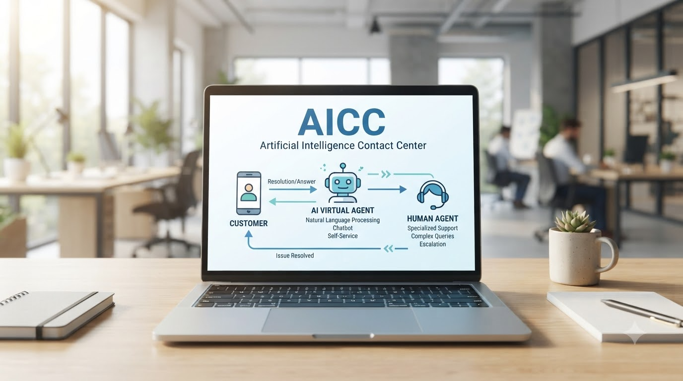 AICC 지능형 컨택센터의 고객-AI콜봇-상담원 연결 구조 다이어그램