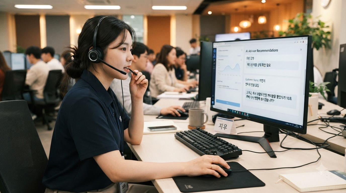 AI 상담어드바이저 실시간 답변 추천을 보며 응대하는 상담원 모습