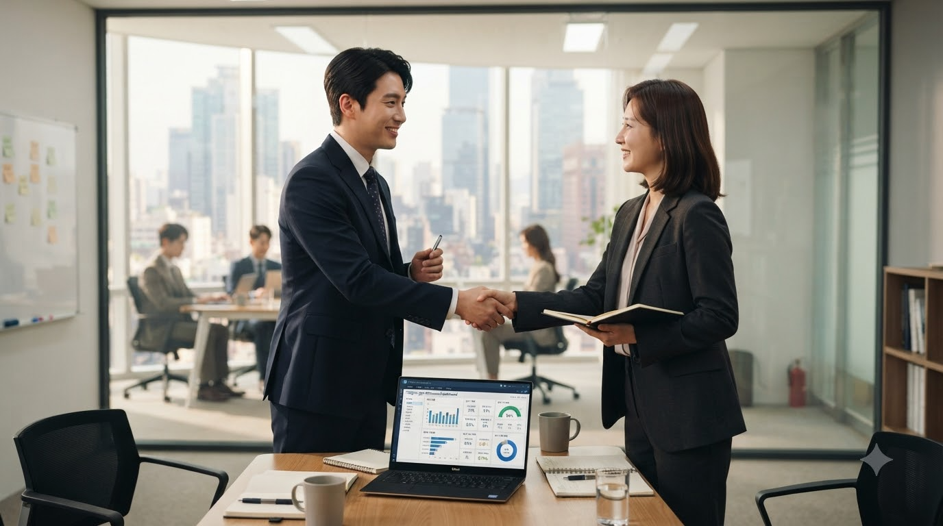 콜센터 구축 상담 후 악수하는 씨앤디네트워크 담당자와 고객