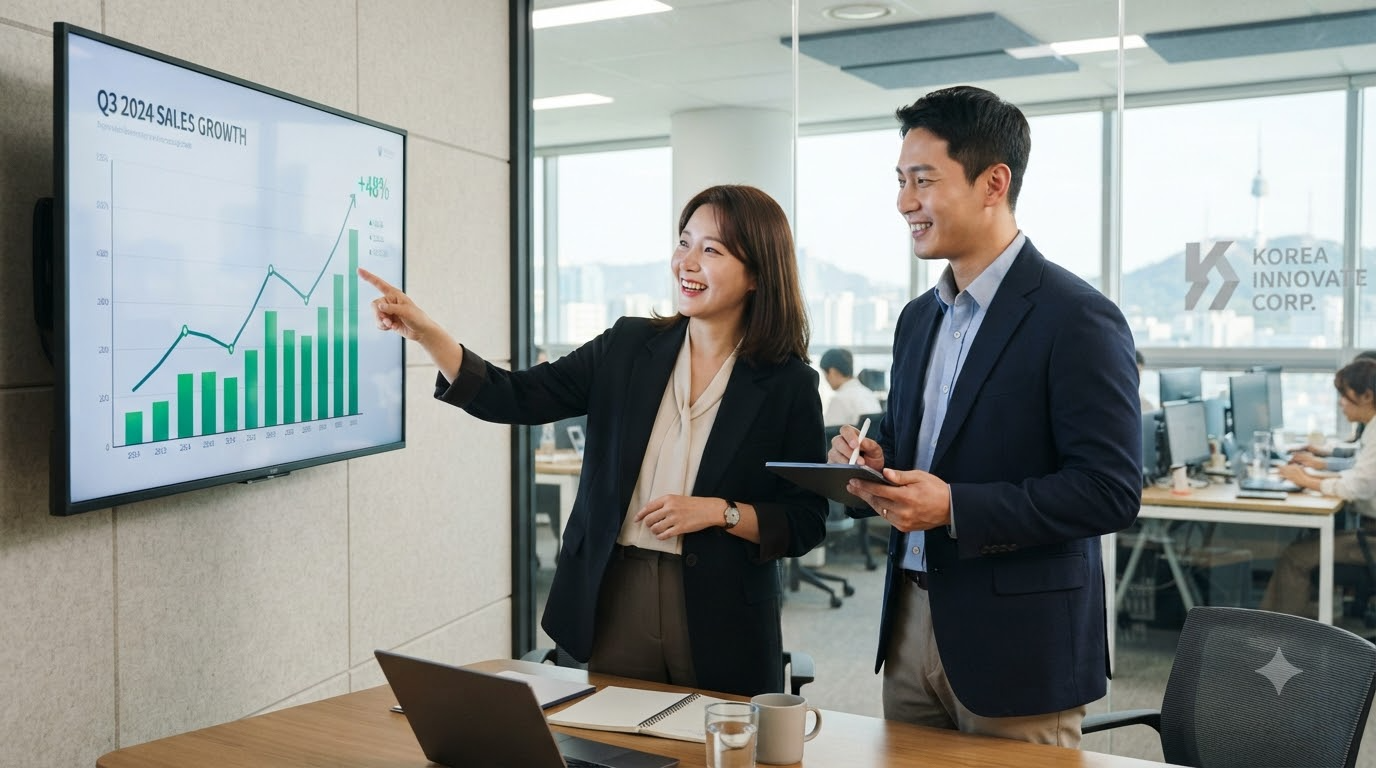 AICC 클라우드 도입 후 상담 성과 그래프를 확인하는 직원들"