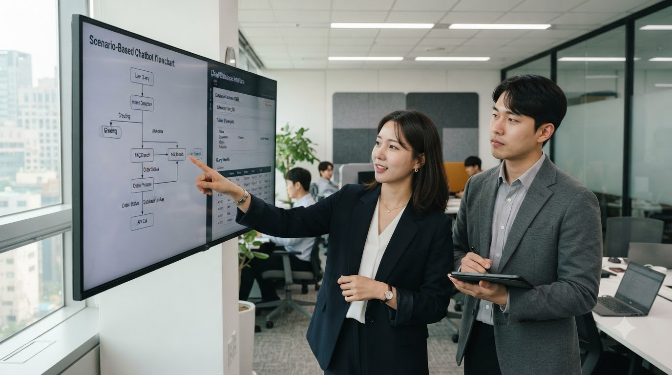 AI콜봇 시나리오와 AICC 클라우드 데이터베이스 개념을 비교 설명하는 직원들